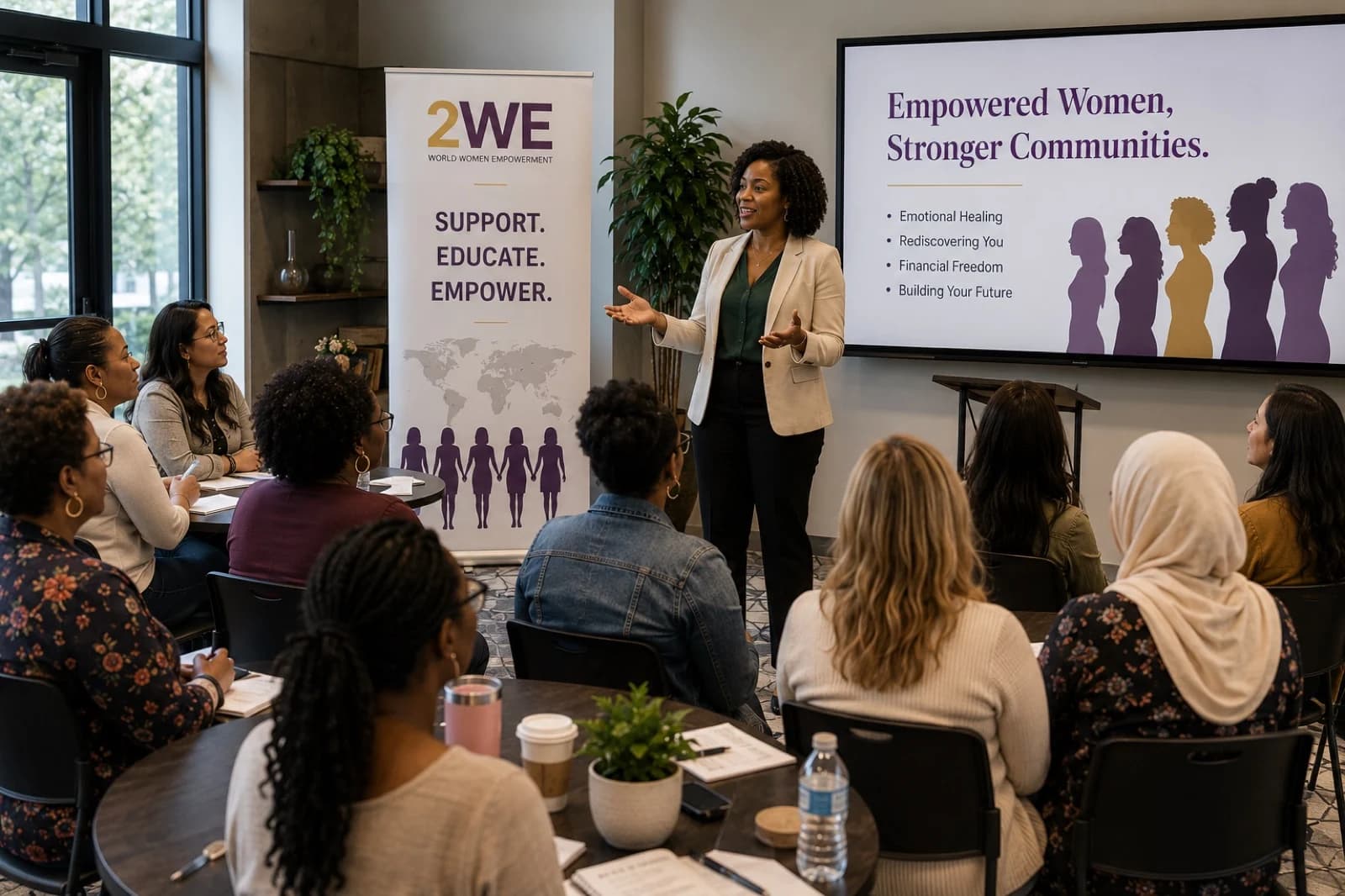 A 2WE facilitator leading a women's empowerment workshop, presenting to a full room